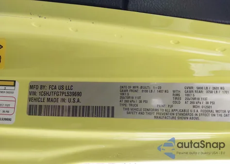 2023 Jeep Gladiator Overland 4X4 z USA, uszkodzony, nr VIN 1C6HJTFG7PL539690